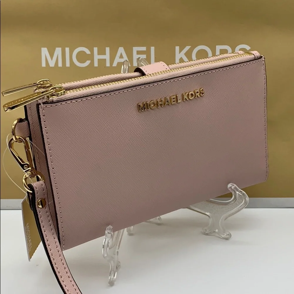 MICHAEL KORS LG DOUBLE ZIP WRISTLET BLOSSOM POWDER BLUSH NWT